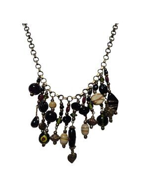 Vintage Mixed Media Necklace Glass Beads Charms Statement Boho Fashion Jewelry